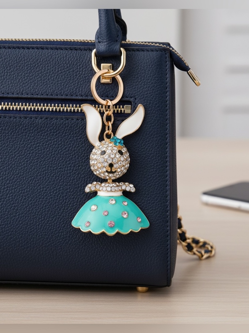 Crystal Bunny Keychain Bag Charm in Mint and White